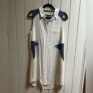 Sleeveless White and Blue Button-Up Shirt Dress
